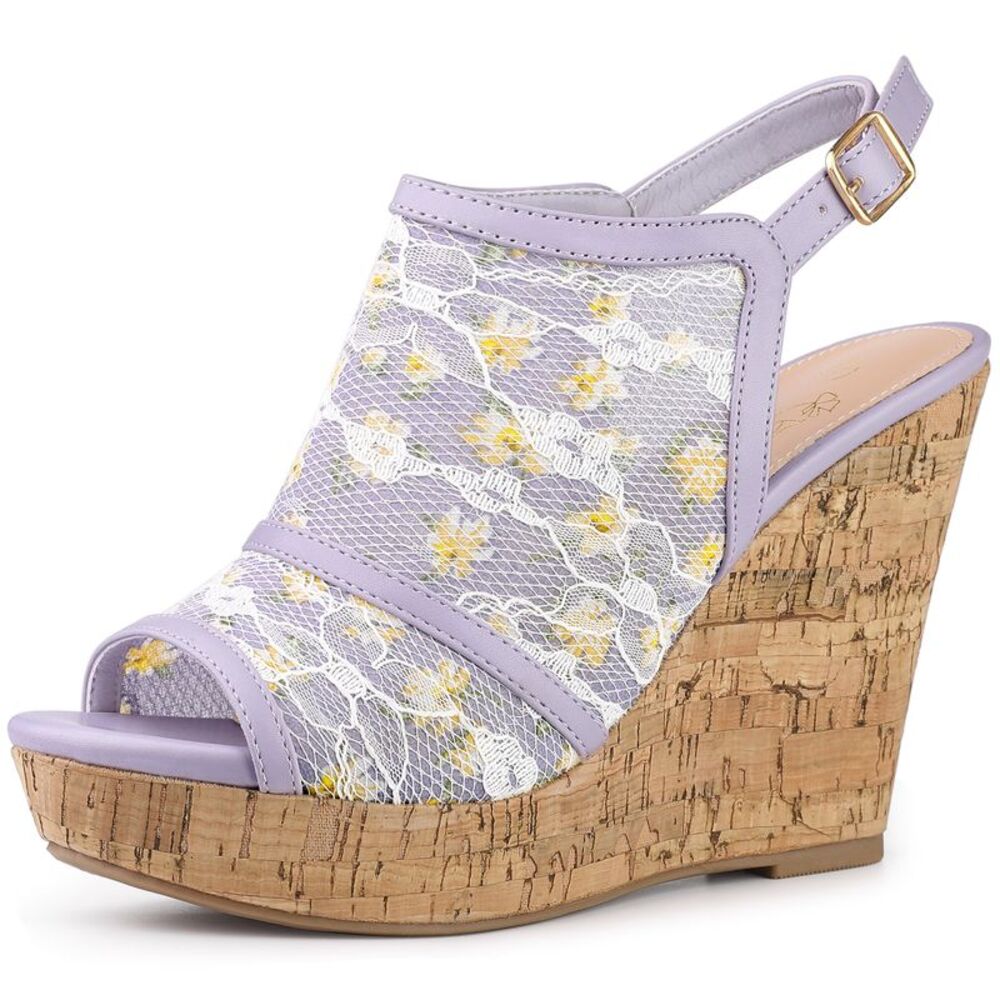 Lace Platform Heel Slingback Wedges Sandals Purple